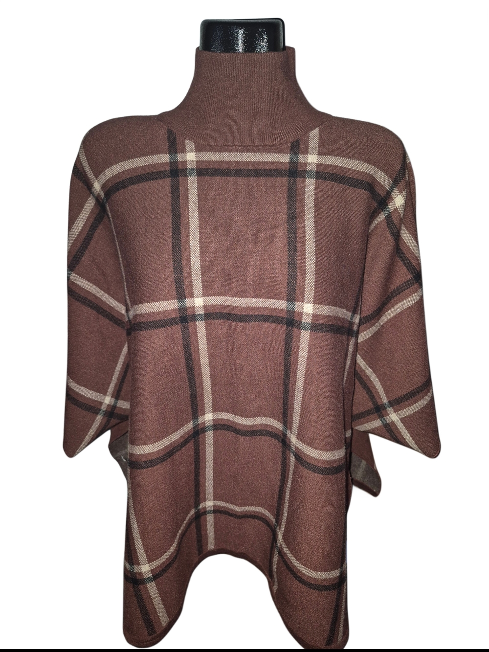 Max Studio Brown Plaid Knit Turtleneck Poncho Sweater Top O/S